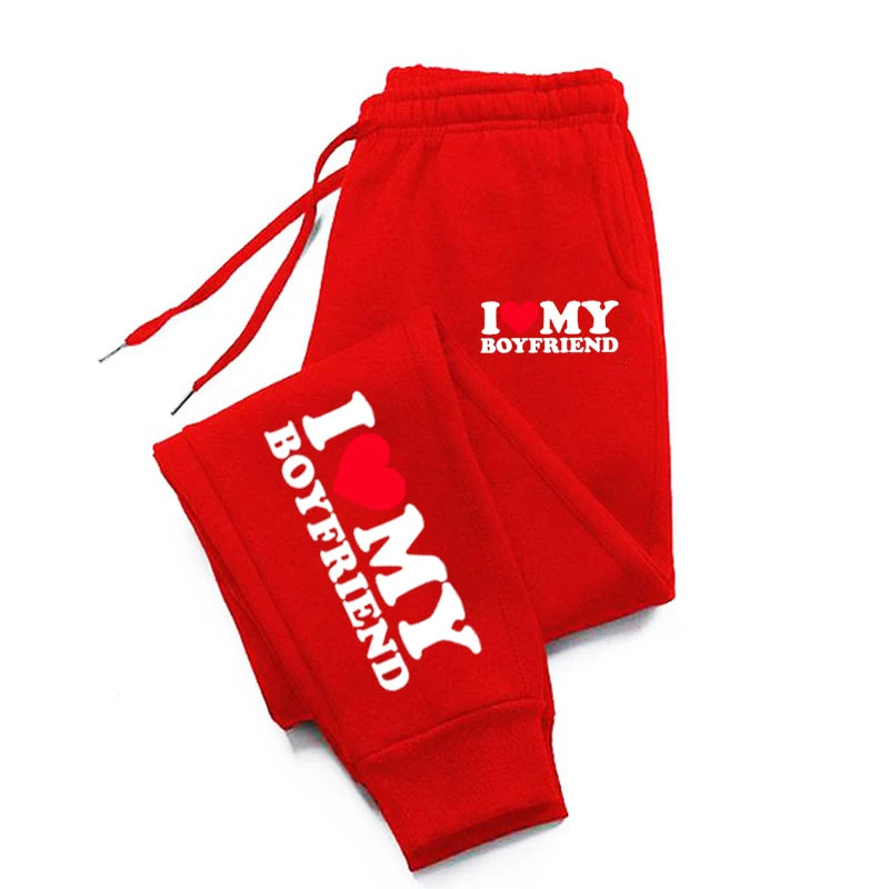 Autumn Woman Man Couple Sweatpants I Love My Boyfriend Print Tracksuit Loose Casual Warm Pants Pocket Drawstring Sportswear