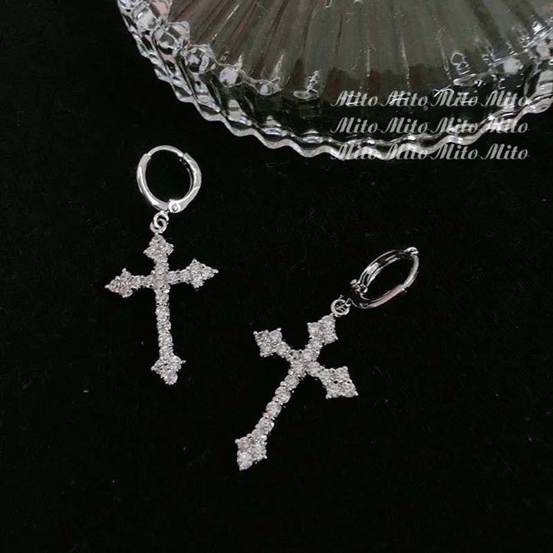 Korean Fashion Zircon Crystal Cross Women Drop Earrings for Gothic Punk Hip Hop Female Piercing Drop Earrings Party Jewelry Gift