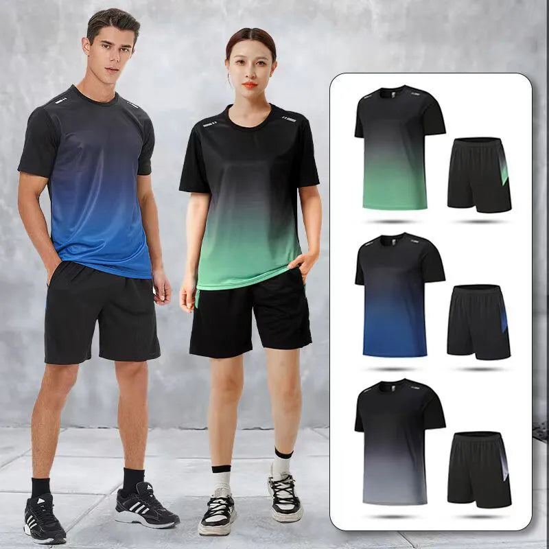 Adult Gradient Color Quick Dry Two-piece Fitness Sport Suit Set Breathable Loose Running Gym Workout Shorts T-Shirt MM717