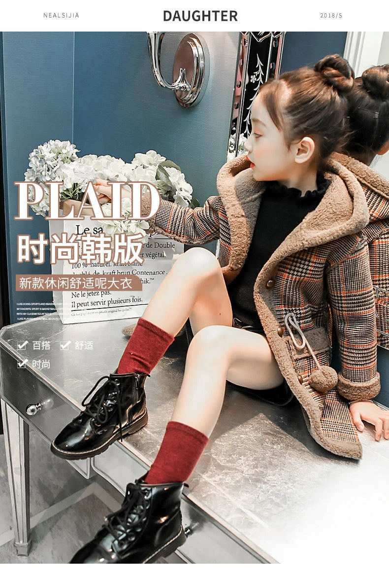 4-15 Year Children Outwear Winter for Girl Plaid Thicken Woolen Jacket Coat Teenage Kids Outfits Wool Long Outerwear Warm Fleece