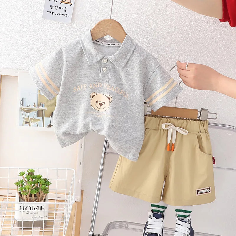 New Summer Baby Boys Clothing Set Cartoon Bear Polo T-shirt+Shorts Pants 2Pcs Suit For 1 2 3 4 5 Years Kids Casual Outfit