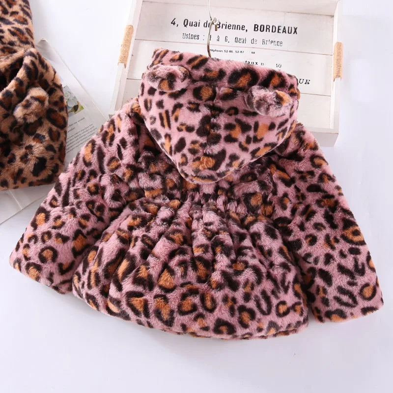 Autumn Winter Plush Baby Girls Jacket Fashion Leopard Print Warm Faux Fur Coat For Girls Hooded Outerwear 2-8 Years Kids Clothes