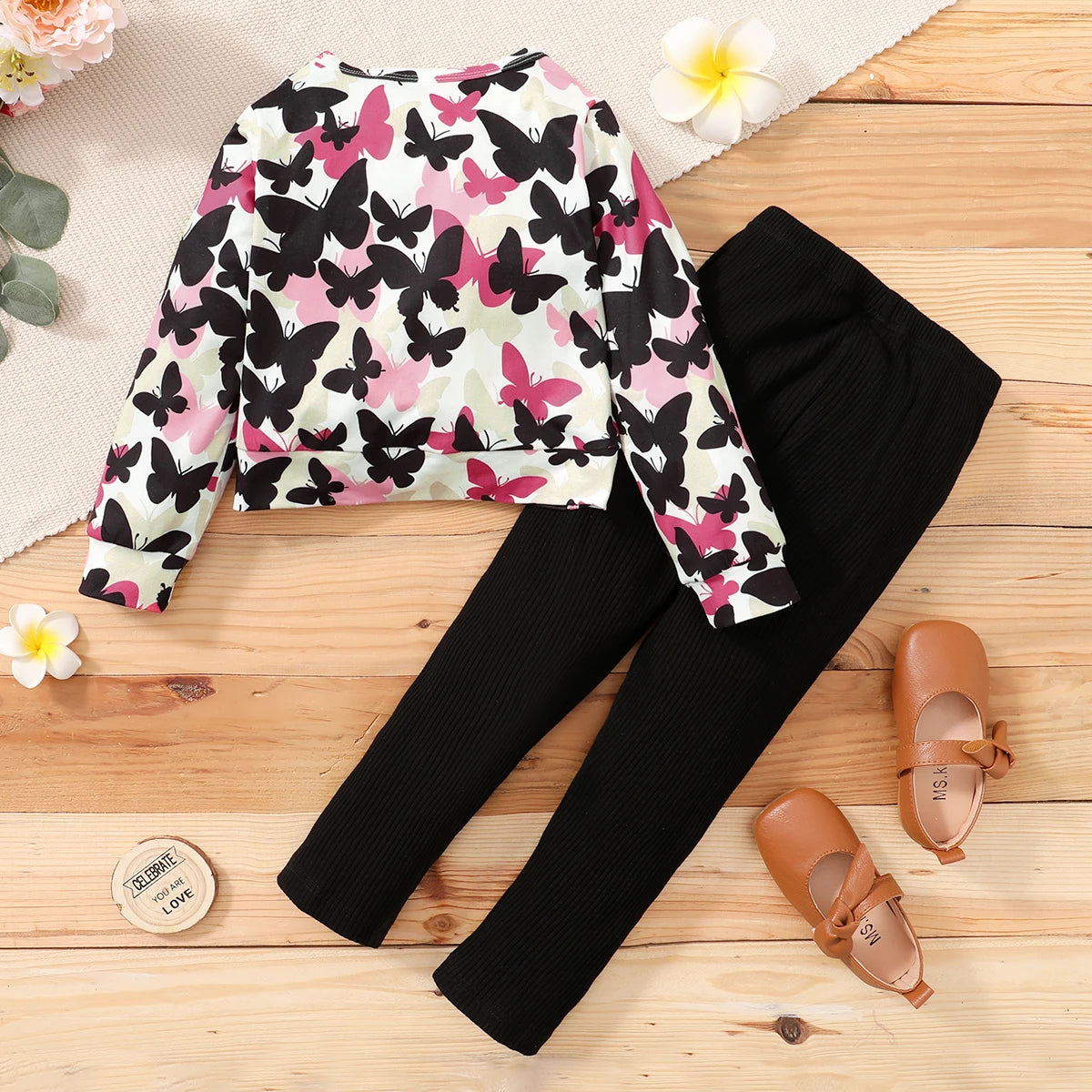 1-6 Years Kids Girls Clothing Set Cute Butterfly Print Long Sleeve Top+Black Pant Fashion Spring and Autumn 2PCS Children Outfit