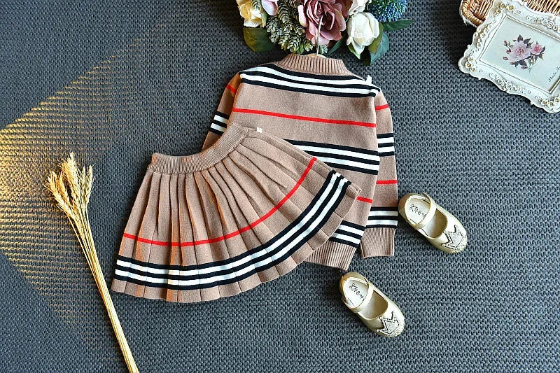 Baby Girl Clothes Set Autumn Winter New Fashion Striped Sweater Suit Cute Bow Knitted Two-piece 2-6 Years Kids Clothing