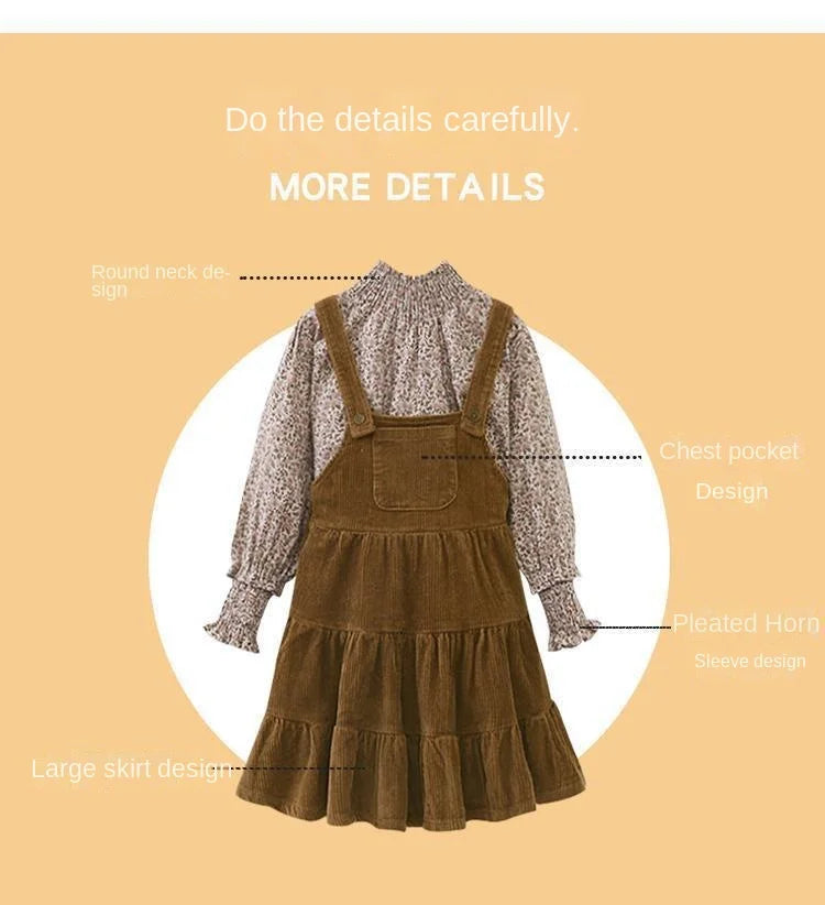 Autumn Children's Girls Daisy Printed Full Sleeve Tshirts and Flannel Suspenders Dress Set Elegant Lolita Spring Clothes