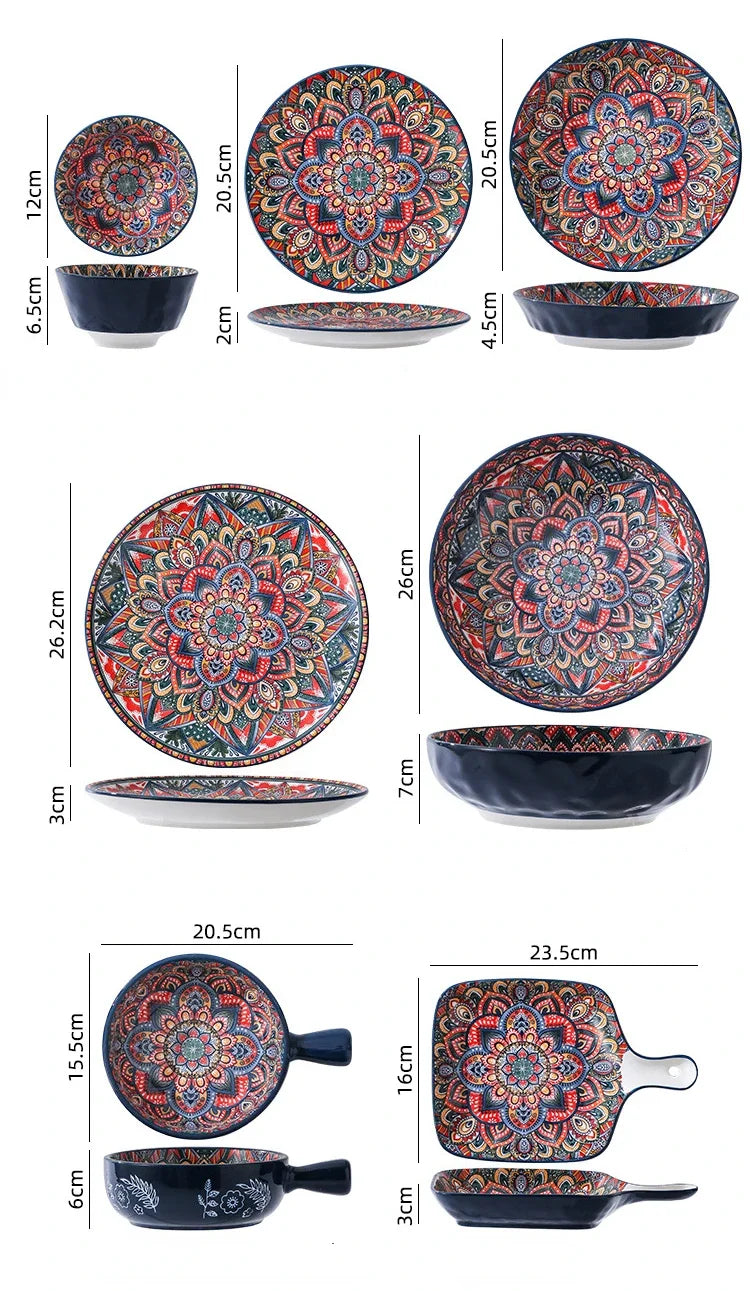 Rice Plate Bowls for Food Dishes Ceramic Dishes to Eat Dish Full Ceramic Tableware Retro Hand Drawn Kitchen Dining Bar Home