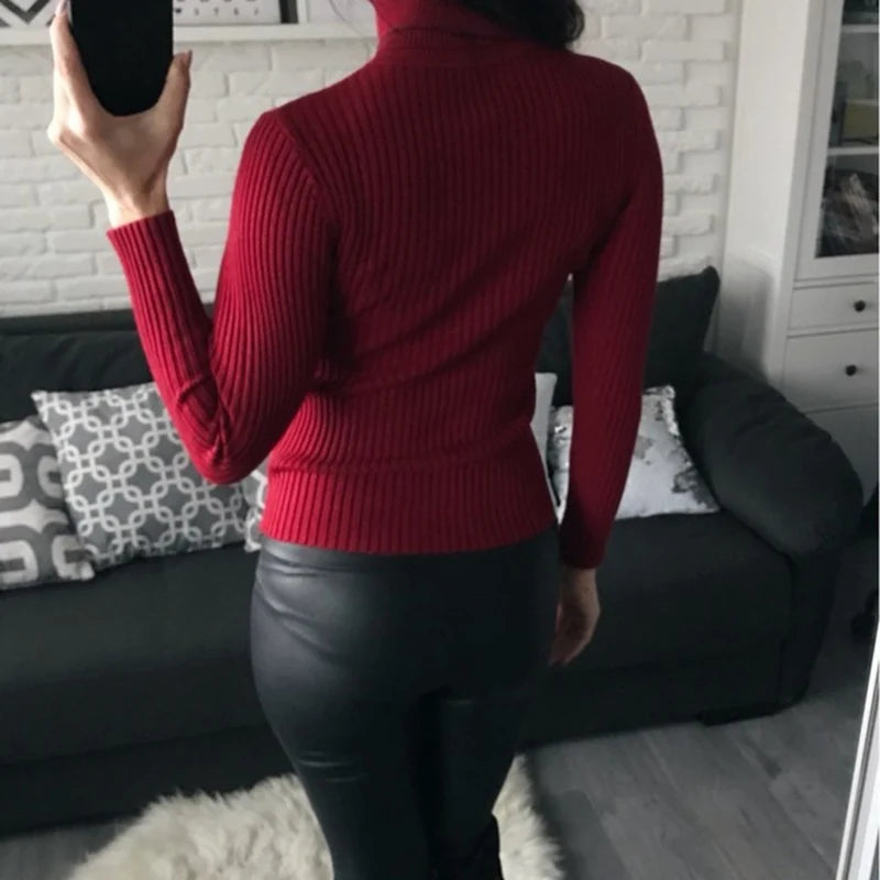 2024 Autumn Winter Women Knit Solid Turtleneck Pull Sweater Casual Rib Jumper Tops Female Home Pullover Y2K Clothing