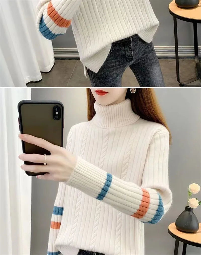 2023 Autumn Winter Women Turtleneck Sweater Soft Pullovers Loose Warm Elasticity Long Sleeved Knitted Sweater Jumper Female Tops