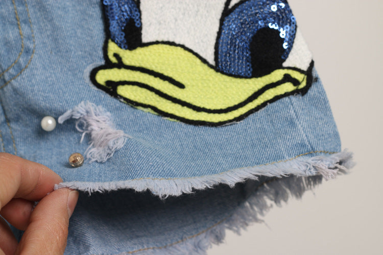 Summer Girls Fashion Sets Sequins Embroidery Broken Hole Pearl Denim Shorts Sleeve Donald Duck Little Kids Clothes Outfits