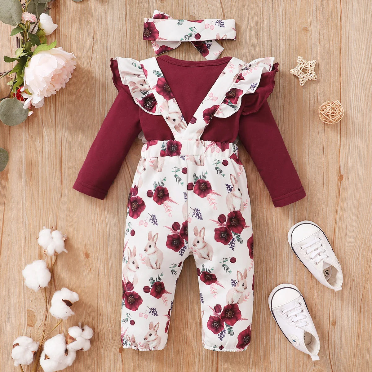 Winter  Newborn  Infant  Baby  0-12M  Girls  Cotton   Long  Sleeves  Headband   Rabbit   Print    Pants  Fashion  Baby  Clothing