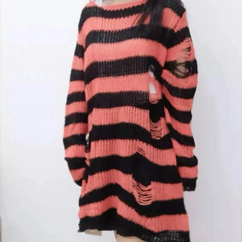 Autumn Punk Gothic Top Long  Unisex Sweater Women Striped Cool Hollow Out Hole Broken Jumper Loose Rock Thin Dark Streetwear