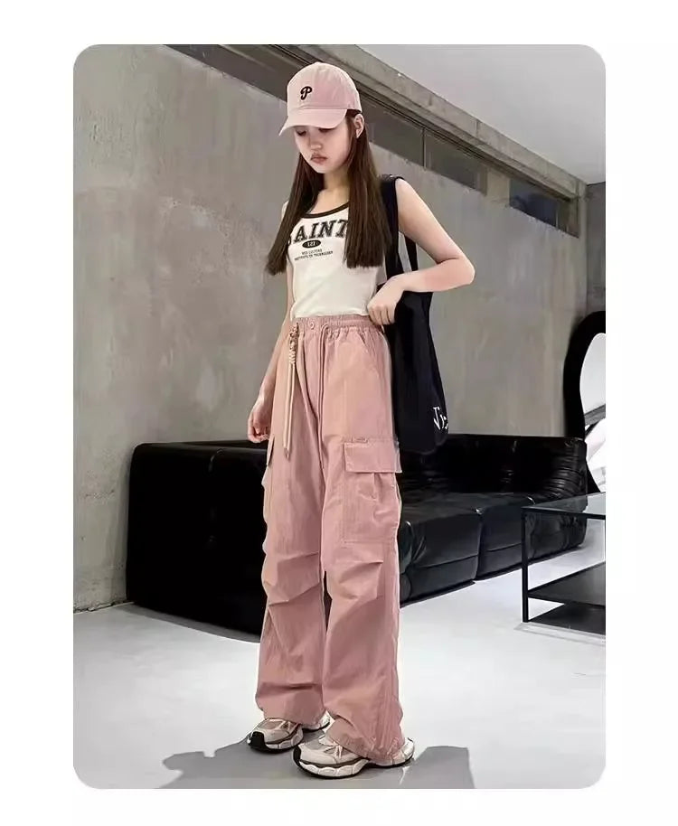 Girls Cargo Pants Summer Thin Loose-fit Wide-leg Long Pants New 2024 Trendy Junior High School Students Casual