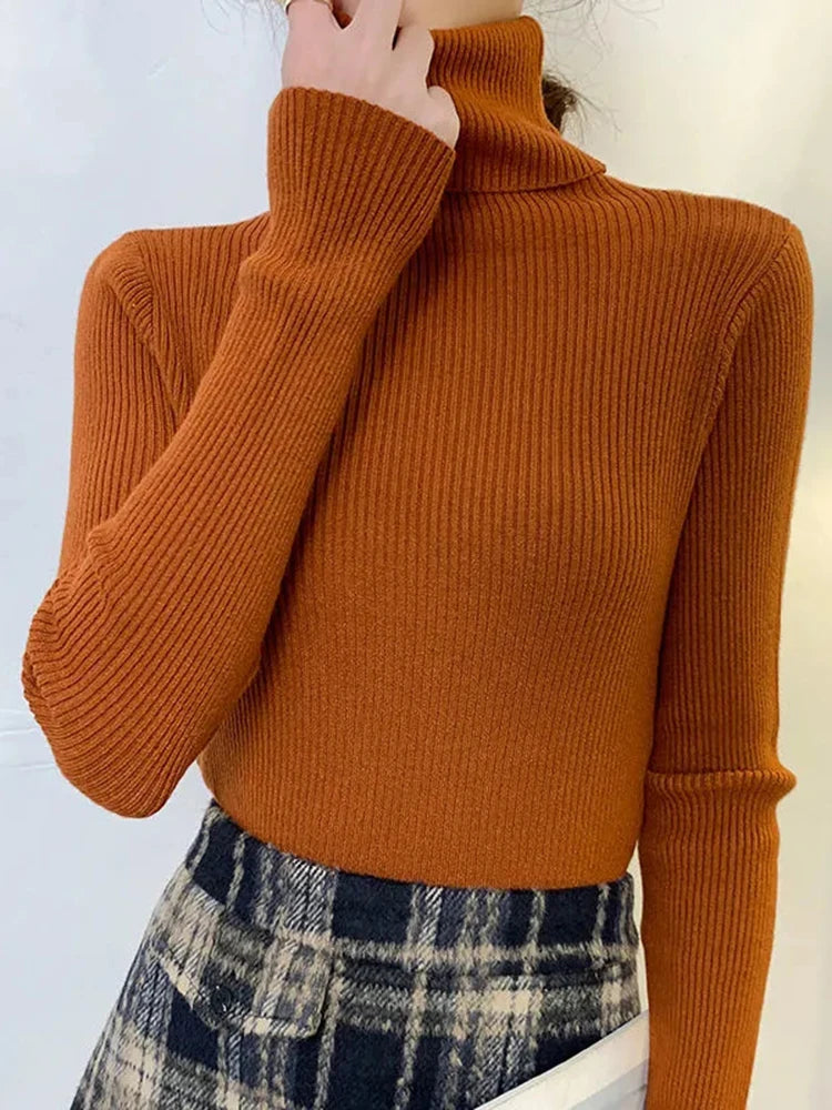 ZOKI New 2023 Women Pullover Turtleneck Sweater Autumn Long Sleeve Slim Elastic Korean Simple Basic Cheap Jumper Solid Color Top