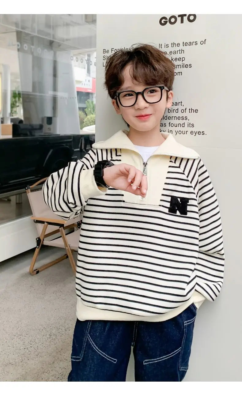 Spring Autumn School Kids Cotton Striped Half Zip Lapel Sweatshirt Boys Pullover Jumper Children Outfits Tracksuit Tops 3-14 Yrs