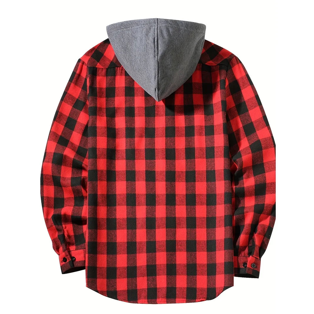 Spring Autumn Men's Hoodies Shirts Classic Plaid Casual Button Down Hooded Long Sleeved Double Pockets Shirt Flannel Jacket Tops