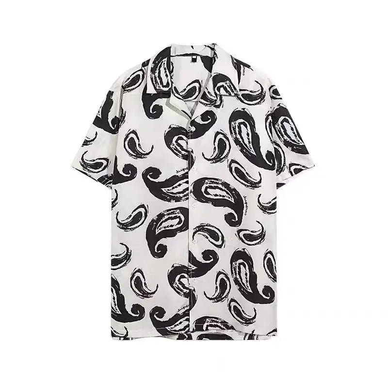 Hip Hop Black White Print Summer Button Up Shirt Women Men Short Sleeve Shirt Hong Kong Style Ins 2024 Hawaiian Beach Shirts