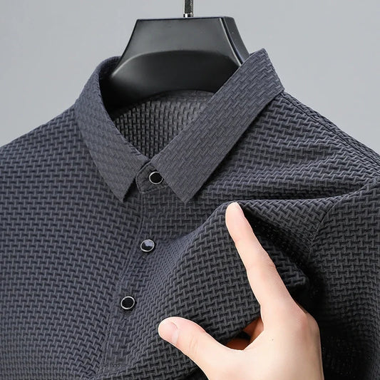 New Men's Checkered Short Sleeved Solid Color POLO Shirt Breathable and Comfortable Elastic Top