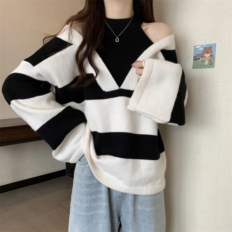 Y2K Stripe Halter Women Sweaters Korean Knitted Loose Patchwork Female Pullovers Autumn Preppy Style All Match Chic Ladies Tops