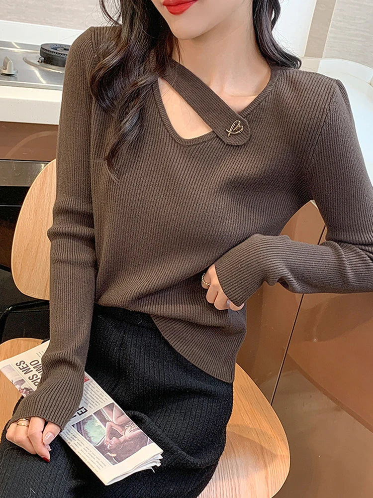 Hollow-out V-neck Women's Sweater Autumn Winter Knitted Pullovers Slim Bottoming Solid Soft Knitwear Jumpers Basic Sweaters 2024