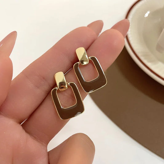 Vintage Big Brown Hollow Out Square Drop Earrings for Women Wedding Party Classic Jewelry Geometry Metal Earrings