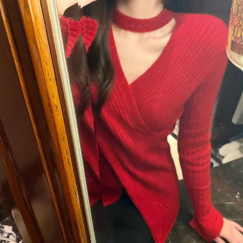 Women Clothing Fashion Chic V-Neck Knitted Top Spring Autumn Hanging Neck Design Knitwear Lady Commute Soft Comfort Pullover