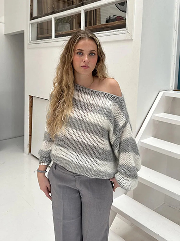 Off Shoulder Knitted Striped Sweater Women Loose Casual Slash Neck Long Sleeve Female Pullovers 2024 Autumn Lady Street Jumper