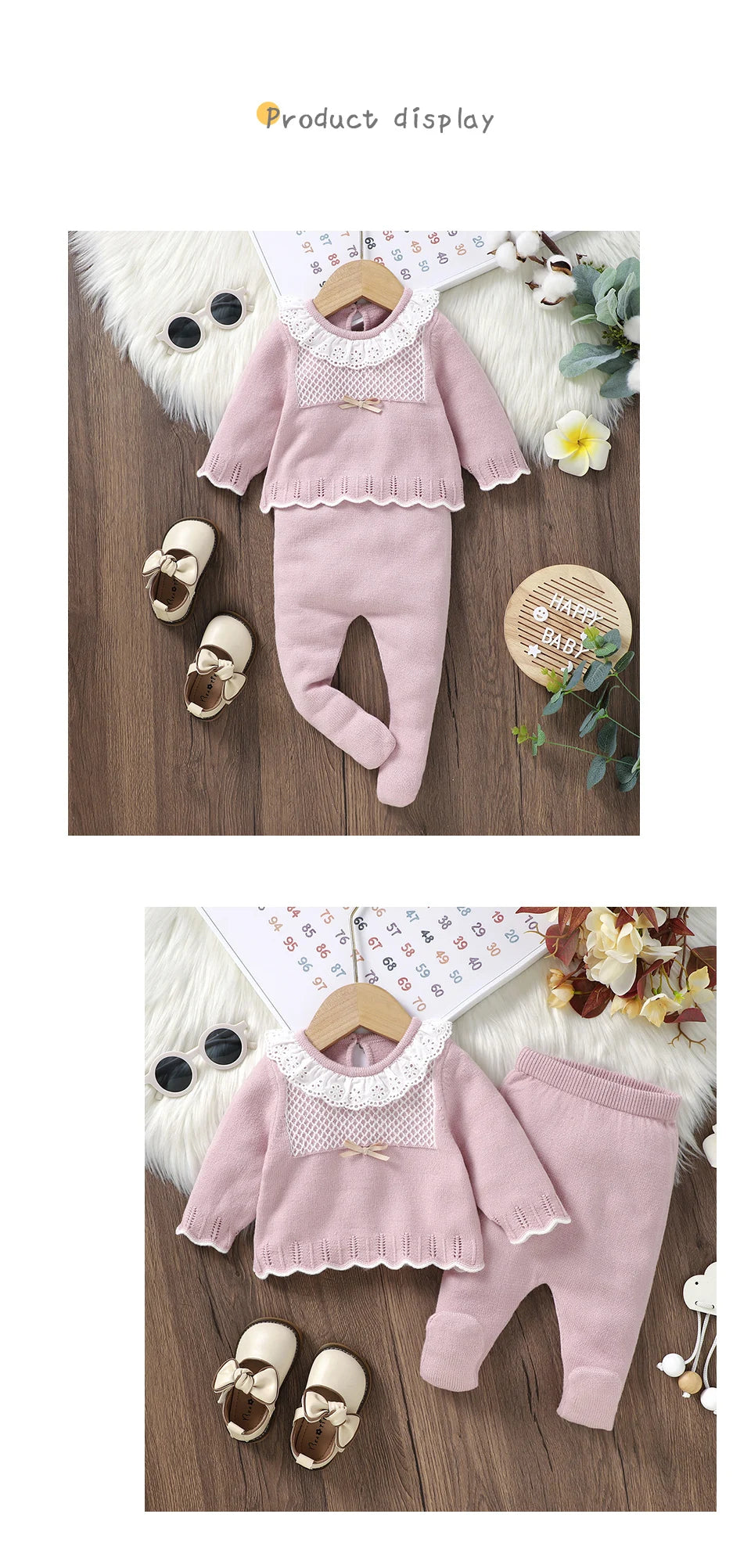 2pcs New Born Infant Clothes Spring Autumn Winter Toddler Kids Girls Crew Neck Long Sleeve Sweaters Tops+Pants Outfits 0-9M Wear