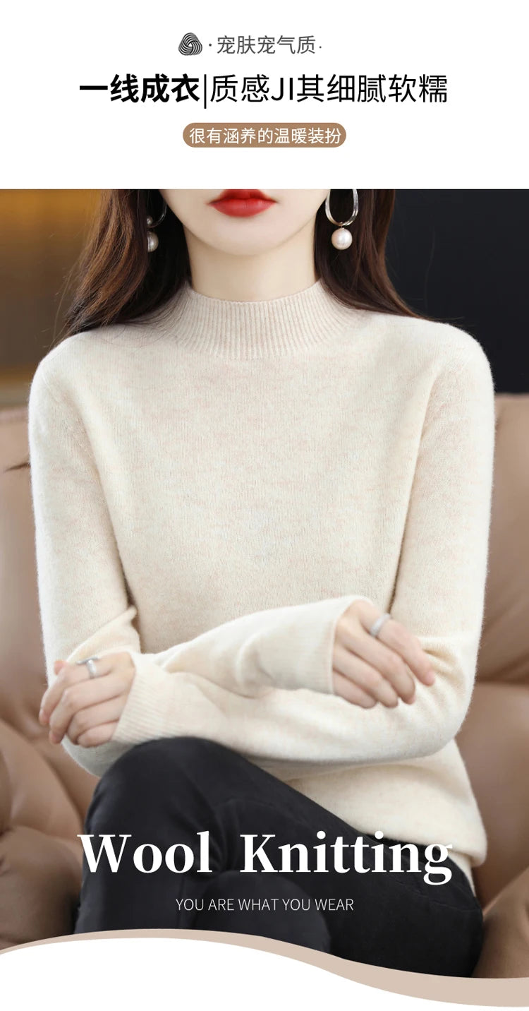 100% merino wool cashmere sweater women's sweater semi-high-necked long-sleeved pullover warm pullover in autumn and winter