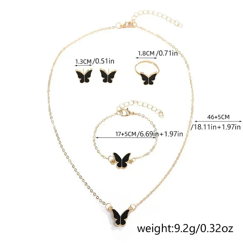 4Pcs Butterfly Jewelry Sets Pink White Romantic Bracelet Ring Necklace Earrings Set Wedding Dress Accessories Women Xmas Gift