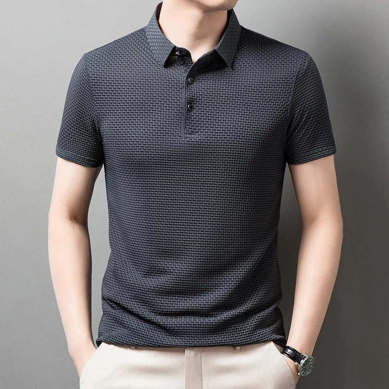 New Men's Checkered Short Sleeved Solid Color POLO Shirt Breathable and Comfortable Elastic Top