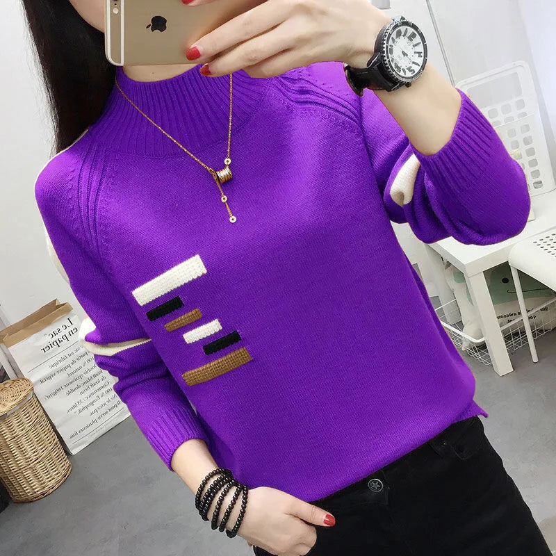 2024 Autumn Fashion Half High Collar Knitted Spliced Loose Sweater Women Clothing Oversized Casual Pullovers Tops Jumper Sweater