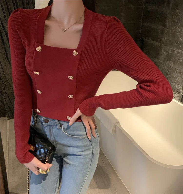 Short Square Collar Crop Top Knitted Sweater Women Korean Clothes Love Button Long Sleeve Sweaters 2022 Autumn Winter Pullover