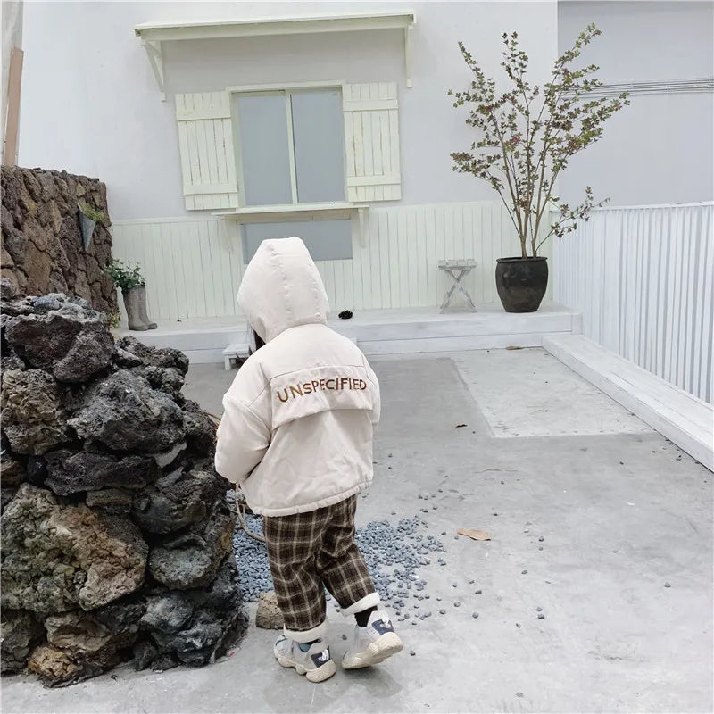 Kids Autumn Clothes 2023 Jacket for Girls Winter Clothes Boys Velvet Hooded Letter Printed Coat Baby Thick Children Outerwear