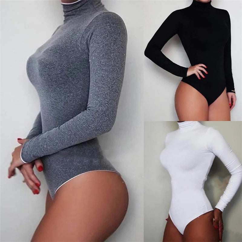 Women Black Long Sleeve Bodysuit Autumn Winter Turtleneck Bodysuits Womens Sexy Bodycon High Waist Romper Body