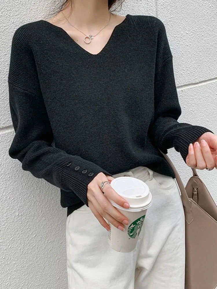 Women Sweater Autumn Winter Knitted Tops Pullovers V-neck Casual Solid Soft Knitwear Jumpers Basic Female Sweaters Korea