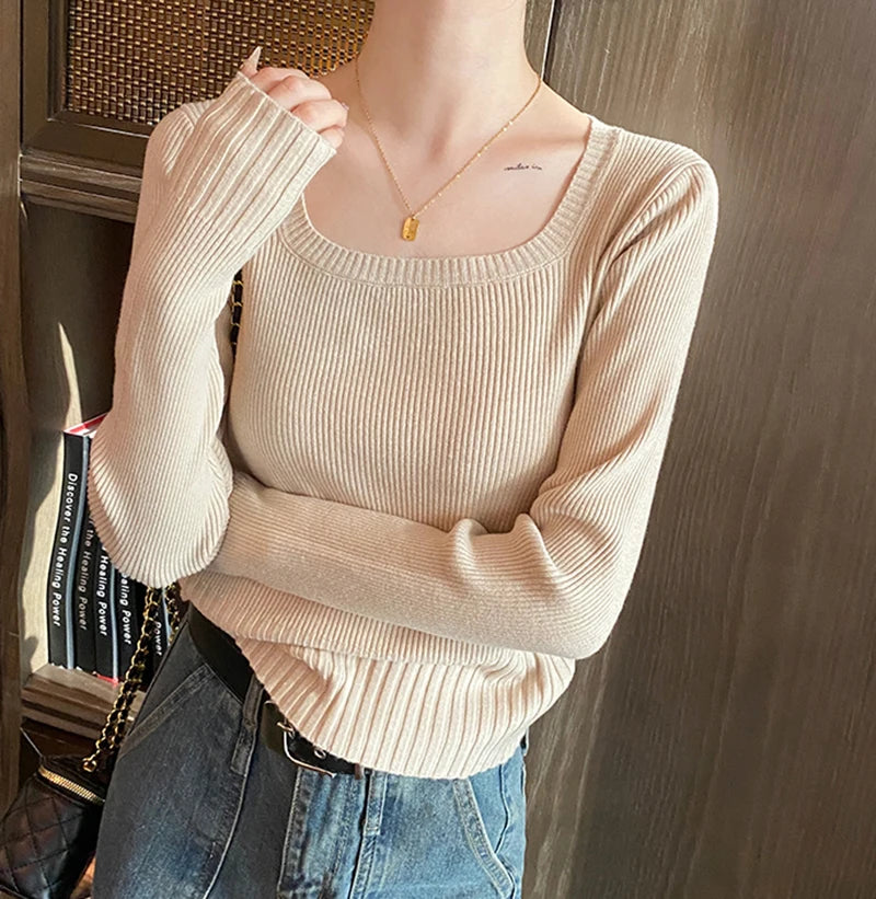 Autumn Winter Fashion Sweater Slim Knitted Pullover Women Square Collar Soft Solid Jumper Casual All Match Female Tops 2024 New