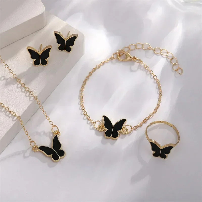 4Pcs Butterfly Jewelry Sets Pink White Romantic Bracelet Ring Necklace Earrings Set Wedding Dress Accessories Women Xmas Gift