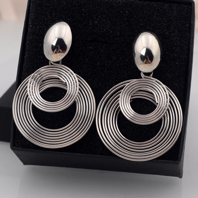 Trendy Big Round Statement Earrings for Women Golden Silver Color Metal Geometry Dangle Drop Earrings European Simple Jewelry