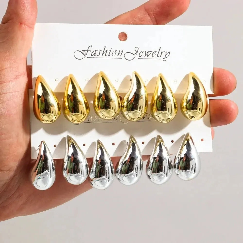 3 Pair/Set Chunky Gold Plated Waterdrop Hoop Earrings for Women Smooth Multicolour Acrylic Tear Drop Earring Lightweight Jewelry