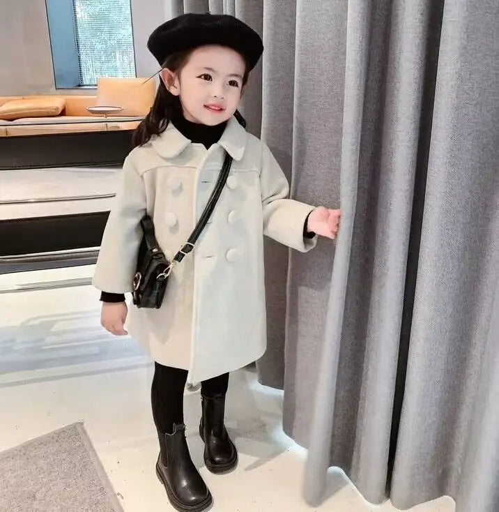 Winter Girl Baby Jacket Outdoor Cardigan Children's Medium Length Woolen Cotton Coat Thickened Double Breasted Jacket New 2024