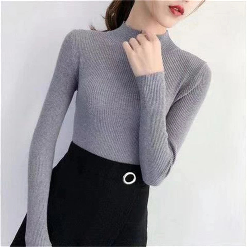 Autumn High Collar Long Sleeve Skinny Elastic Casual Tops Bottoming Sweater Women Basics Knitted Shirts Warm Knitwear Pullovers