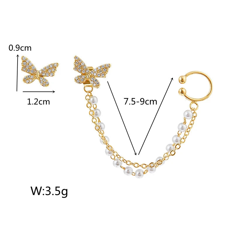 Korean Elegant Rhinestone Butterfly Stud Earrings For Women Girls Cute Fashion Metal Cuff Chain Tassel Boucle D'oreille Jewelry