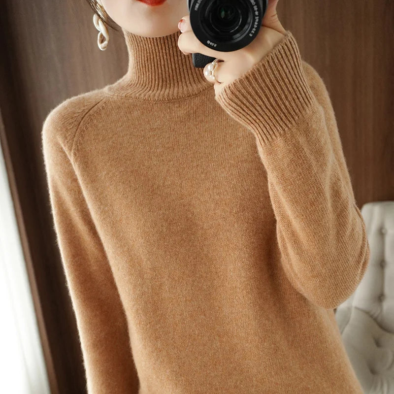 Turtleneck Merino Wool Pullover Basic Casual Cashmere Sweater Comfort Autumn Winter Women's Raglan Sleeve Clothing Tops