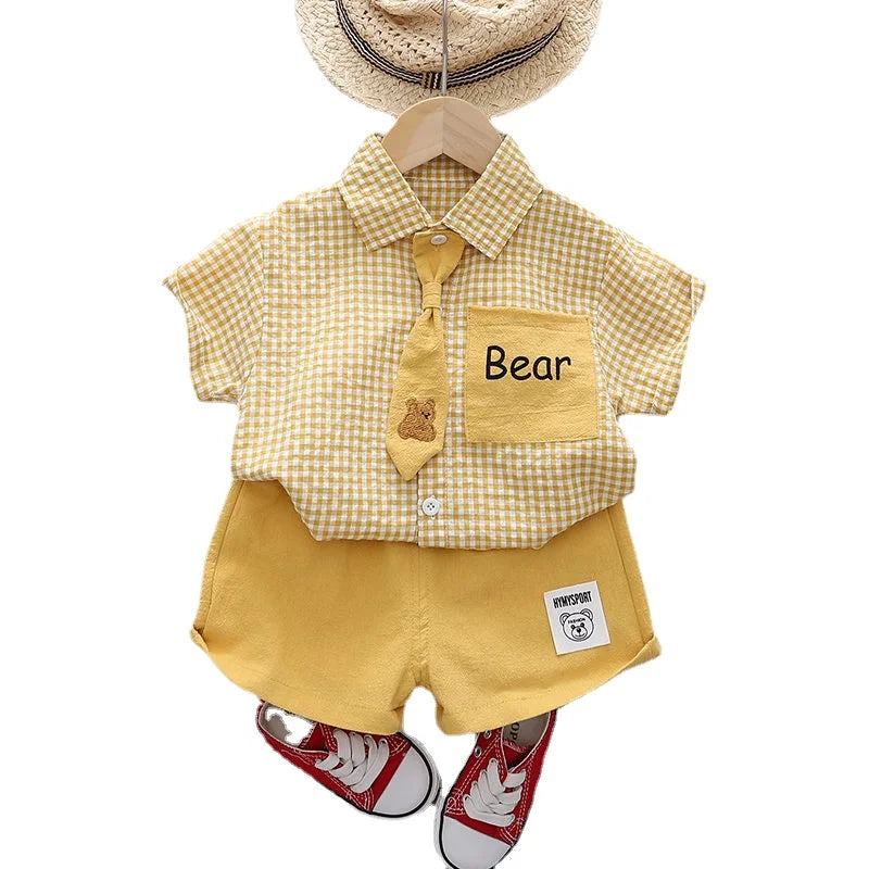 Summer Casual Baby Boy Toddler Causal ClothesPlaid Shirt Tops Pants 2Pcs/Set With Tie Cotton Kids Outfits Clothing Suit