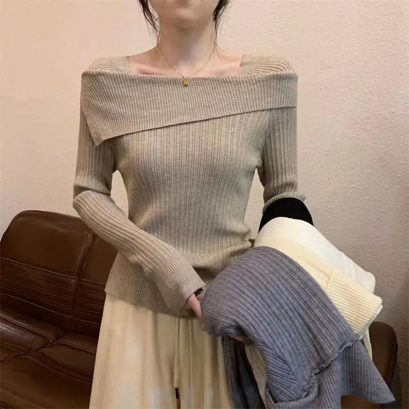 Women Slim Off Shoulder Knit Sweater Slash Neck Long Sleeve Knitwear Jumpers Office Sweater For Women 2023 Autumn Winter