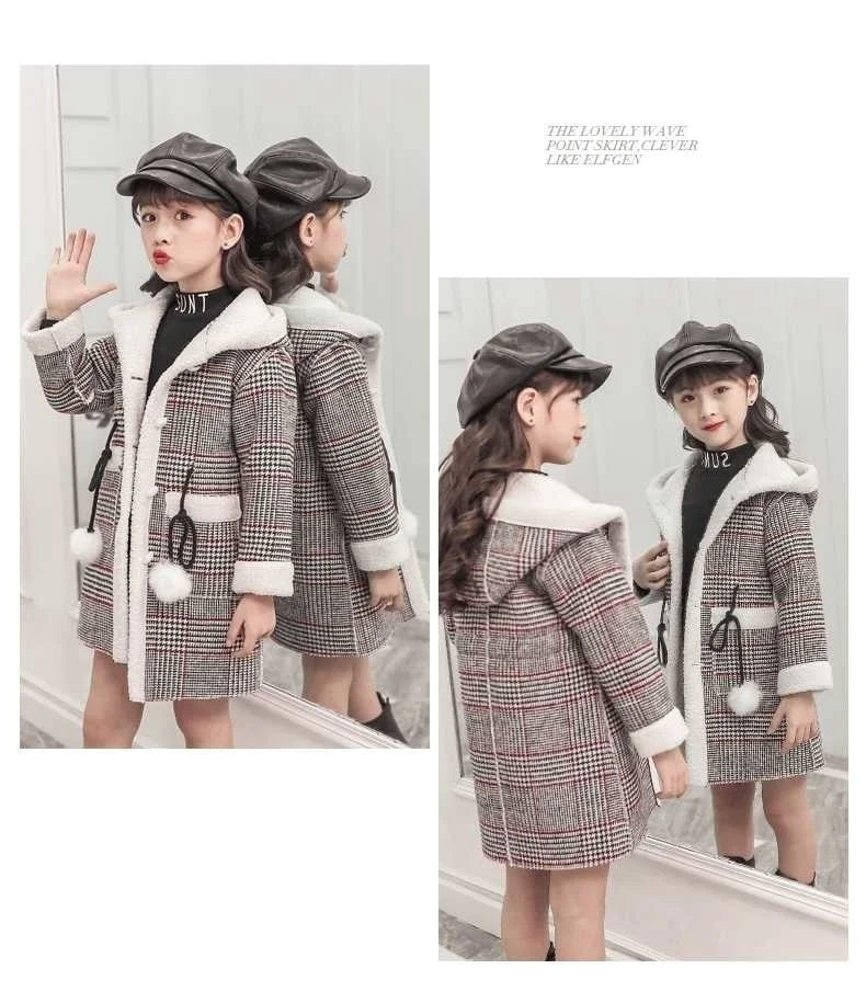 2024 Fashion Design Autumn Winter parka Girl Hairy clothes Long Woolen Coat for Kids Outerwear Grid pattern Padded Warm clothing