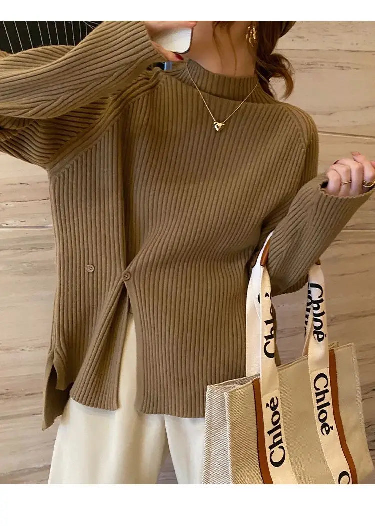 2024 Women Sweater Pullovers Turtlneck Casual Autumn Winter Split Fork Button Chic Sweater Female Slim Knit Top Soft Jumper Tops