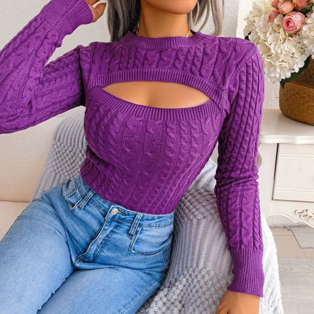 New Autumn And Winter Women's Fashion Hollow Out Fried Dough Twists Long Sleeve Sweater Round Neck Solid Fit Women's Wear 2024