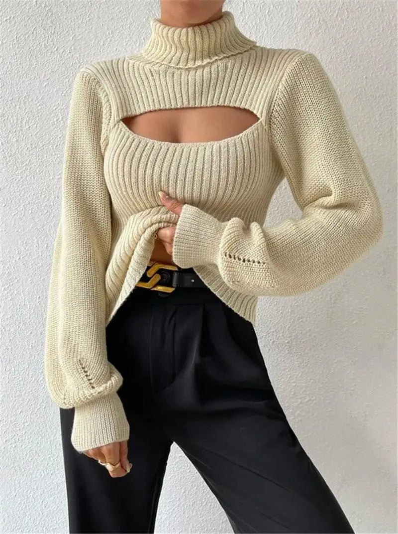 Chest Hollowed-out Sexy Sweater Design Sexy Loose Matching Sweater Fall Winter Turtleneck Hollowed-out Sweater Women Wear Top