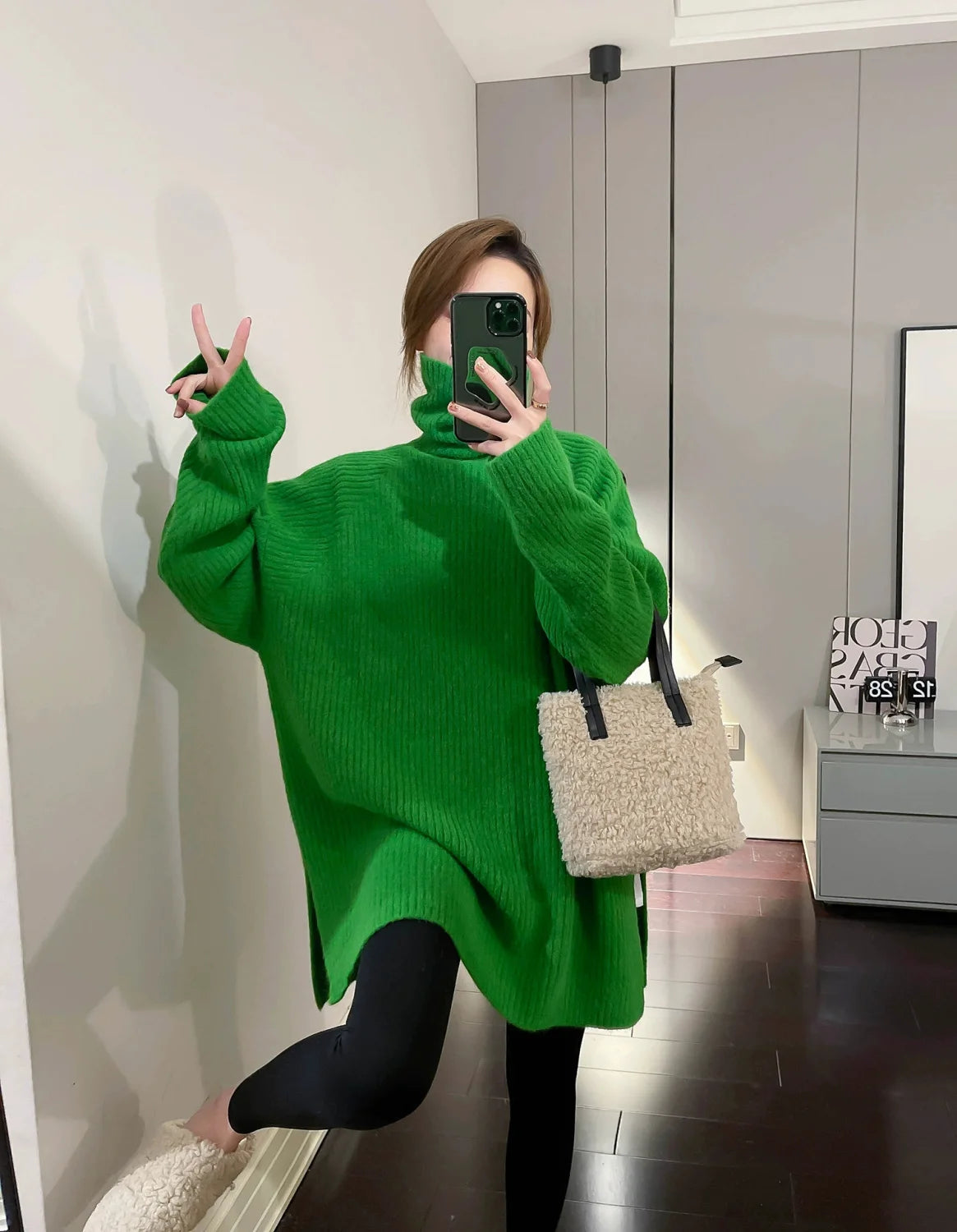 Women Simple Casual Oversized Turtleneck Knitted Sweater 2023 Autumn Winter Trendy Split Long Sleeve Pullover Tunic Tops Jumpers